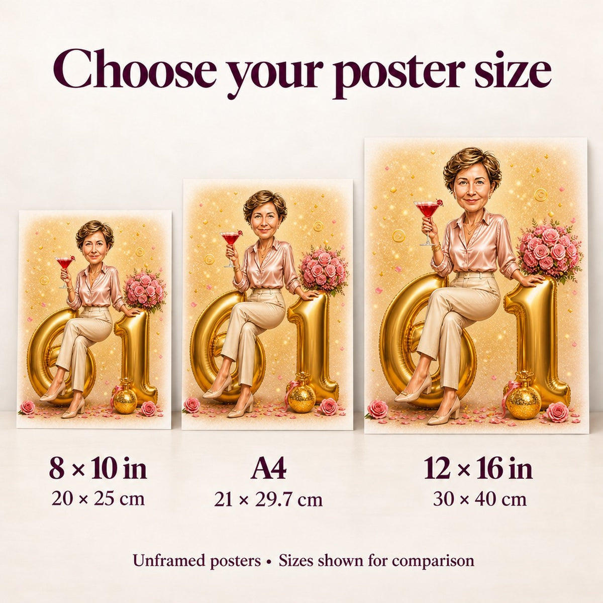 Poster size comparison of 8x10, A4, and 12x16 inches displayed against a wall.