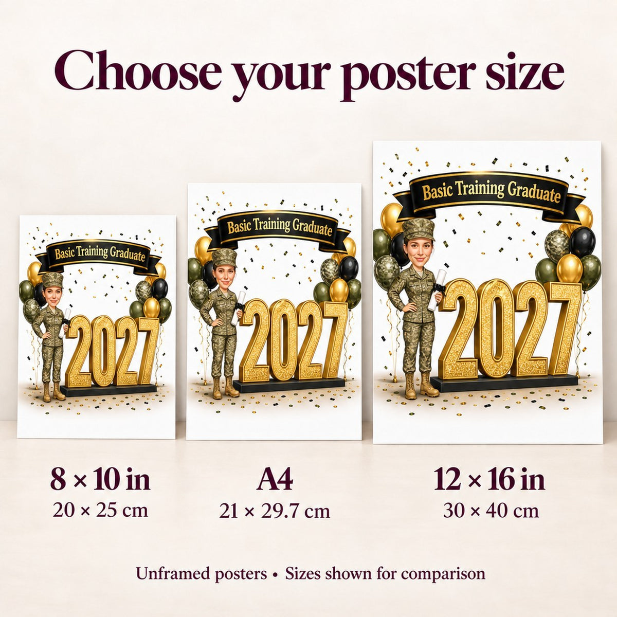 Poster size comparison: 8x10, A4, and 12x16 shown held for scale.