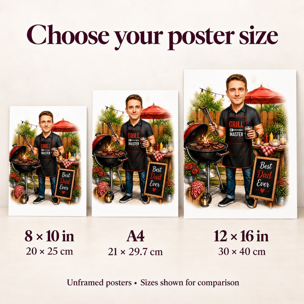 Poster sizes 8x10, A4, and 12x16 inches shown side by side