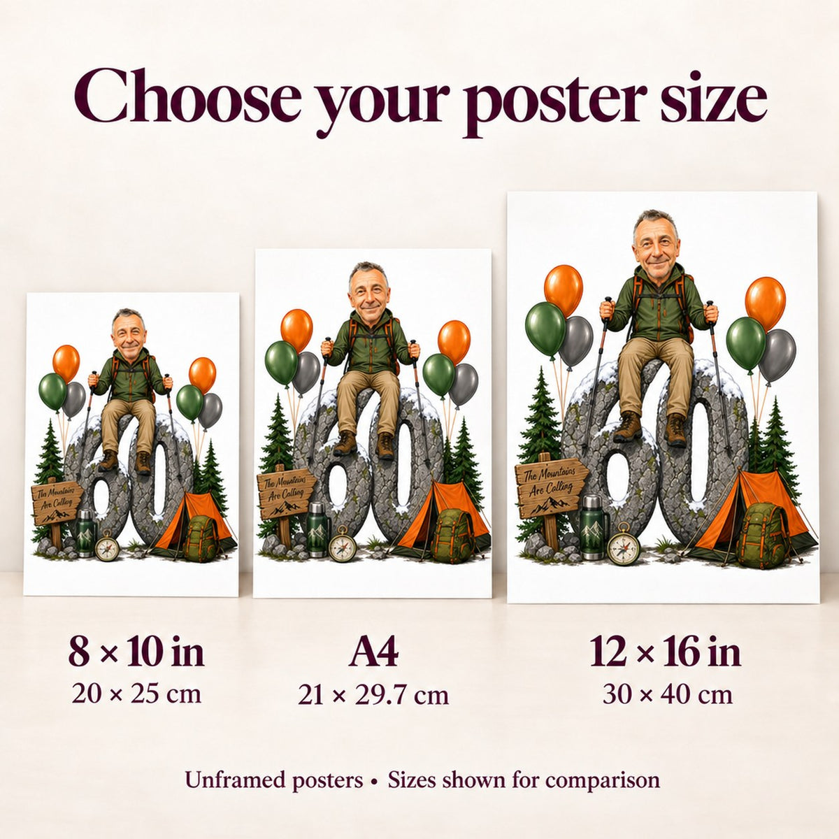Poster size comparison showing 8x10, A4, and 12x16 hiking birthday caricatures.