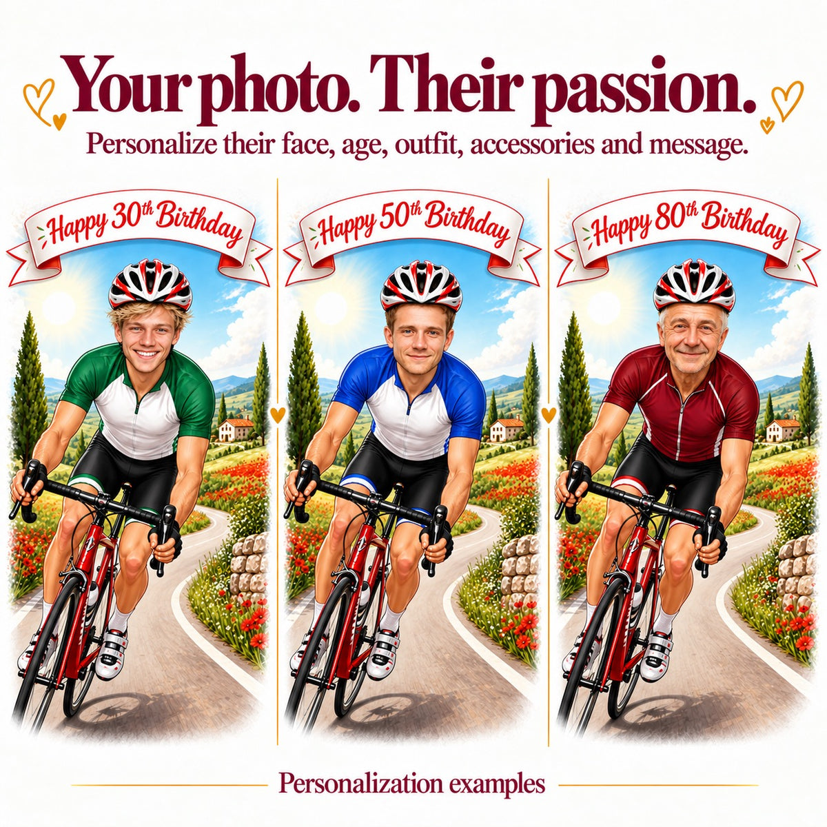 Three cyclists with different faces, ages 30, 50, and 80, in birthday scene.