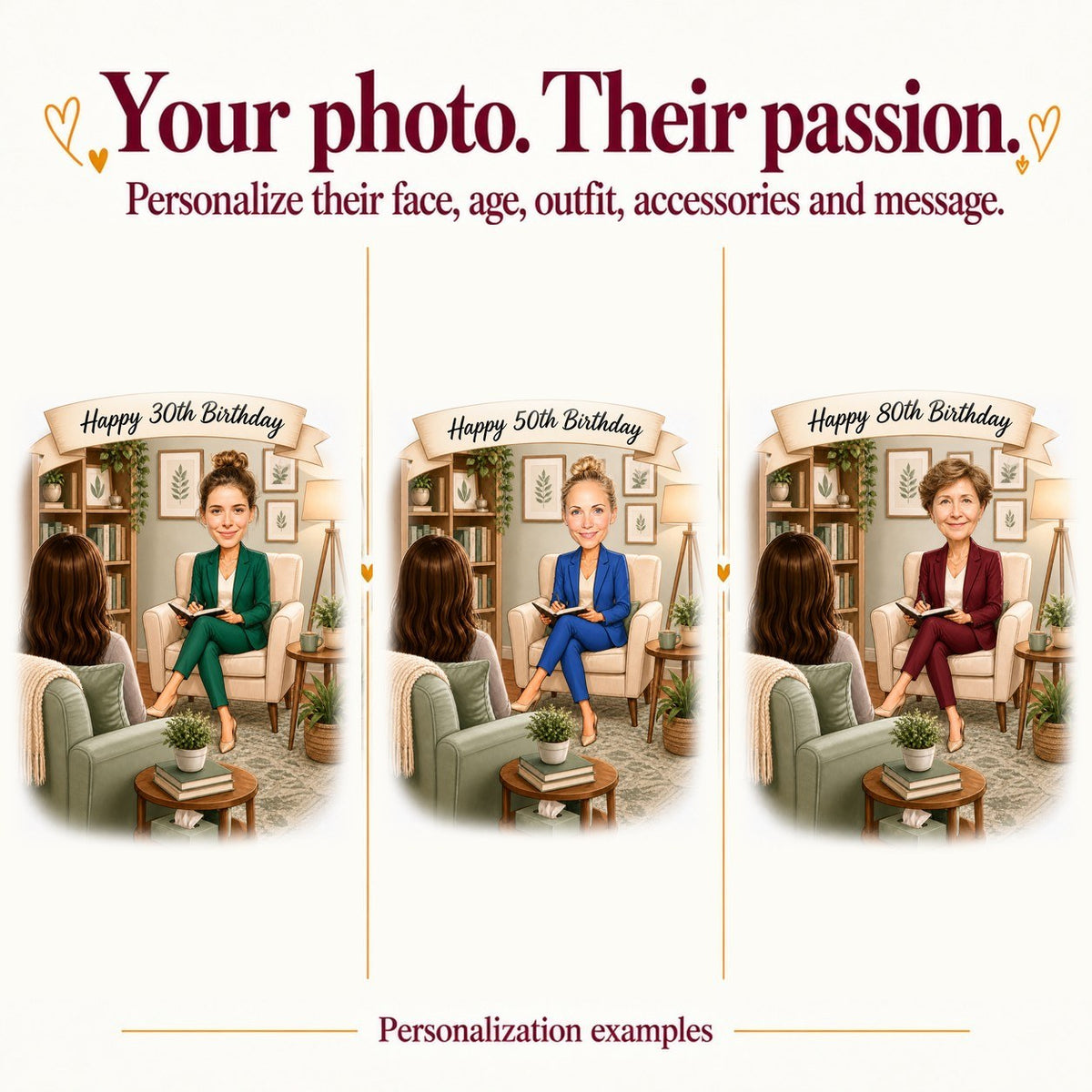 Three personalized therapist cartoons with faces aged 30, 50, and 80 in the same scene.
