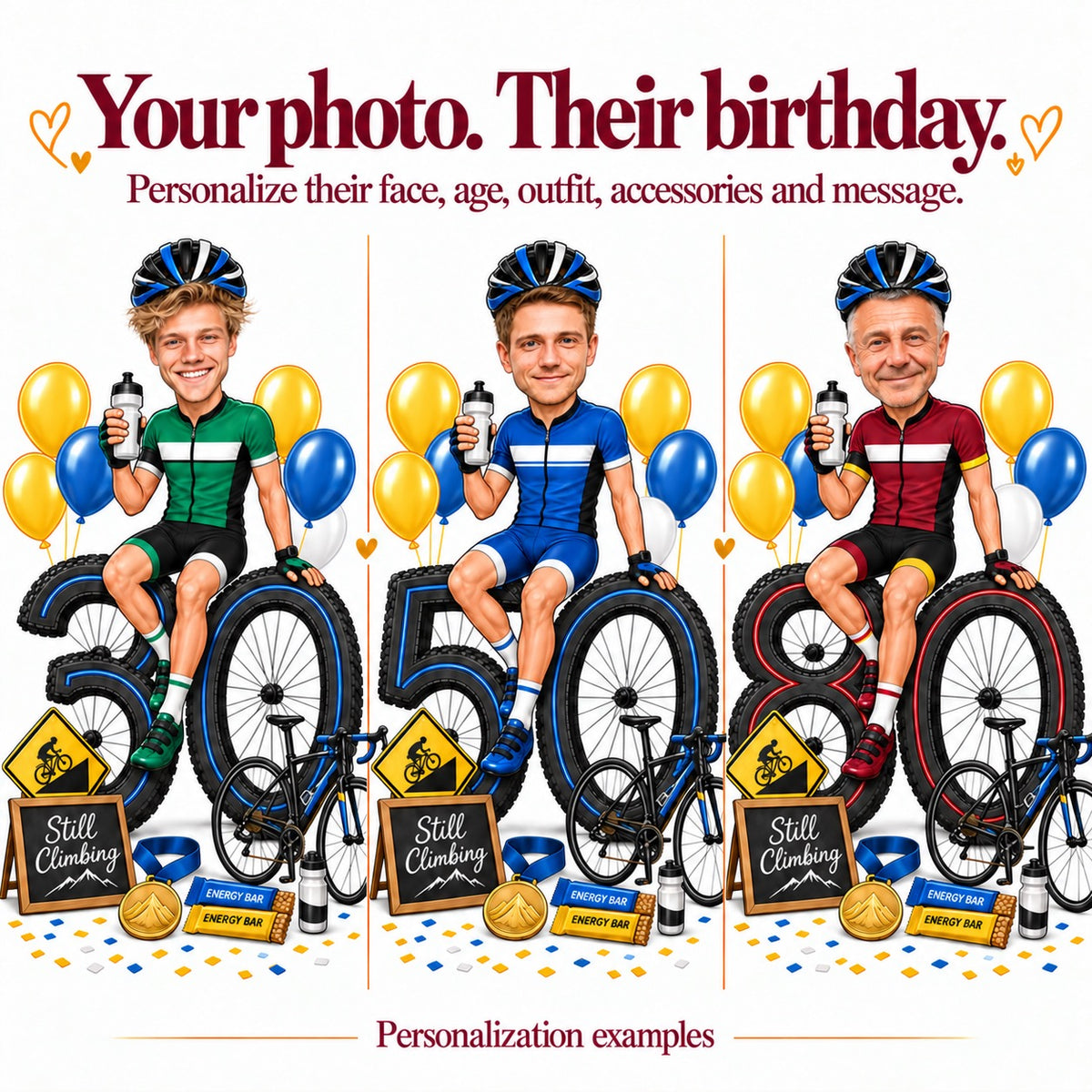 Three cycling caricatures with different faces and ages 30, 50, and 80 numbers.