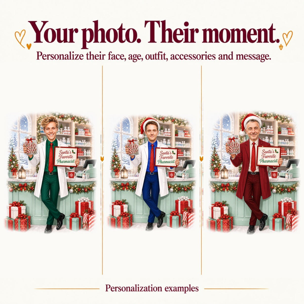 Three personalized pharmacist caricatures with different faces and outfit colors for Christmas.