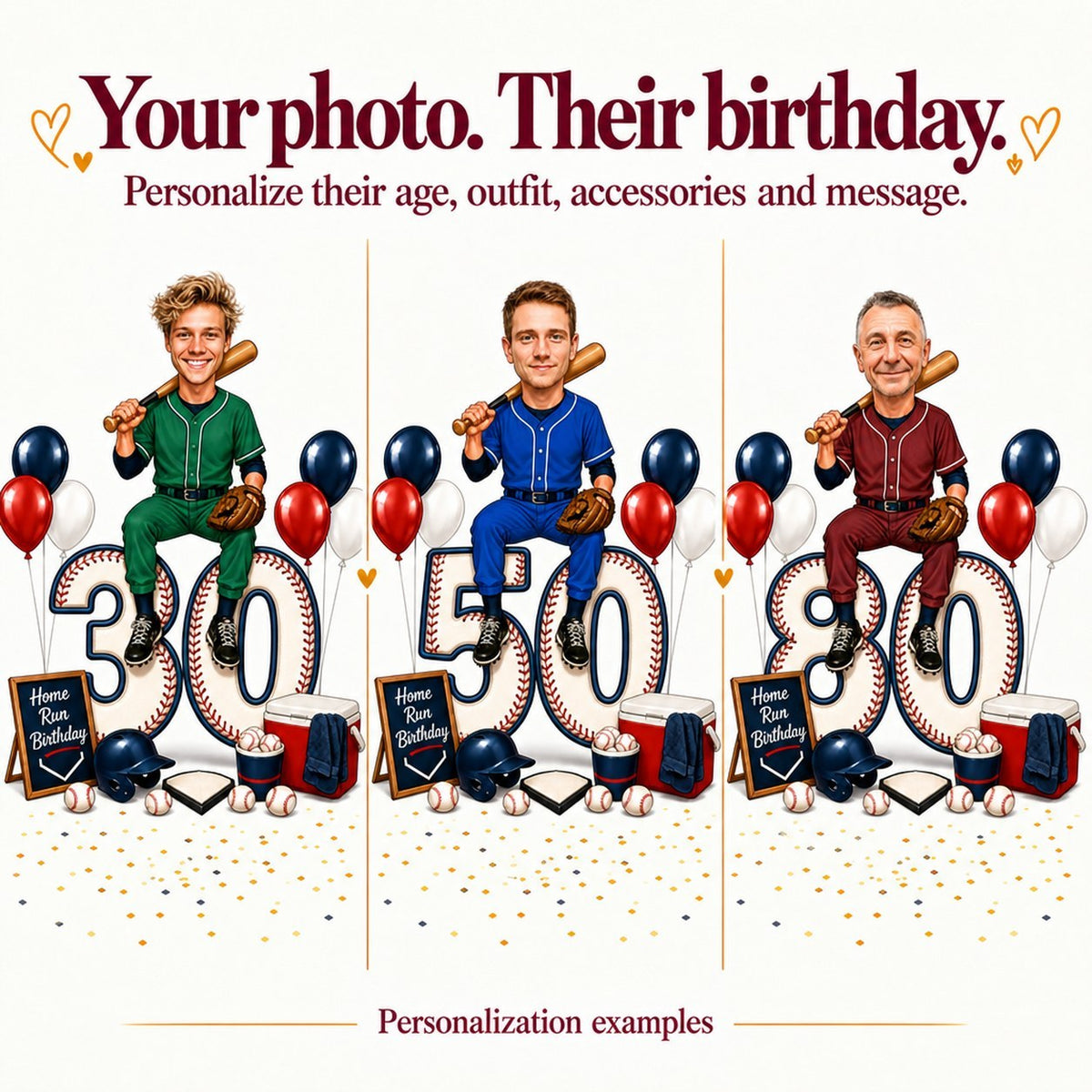 Three baseball caricatures with different faces and ages 30, 50, 80.