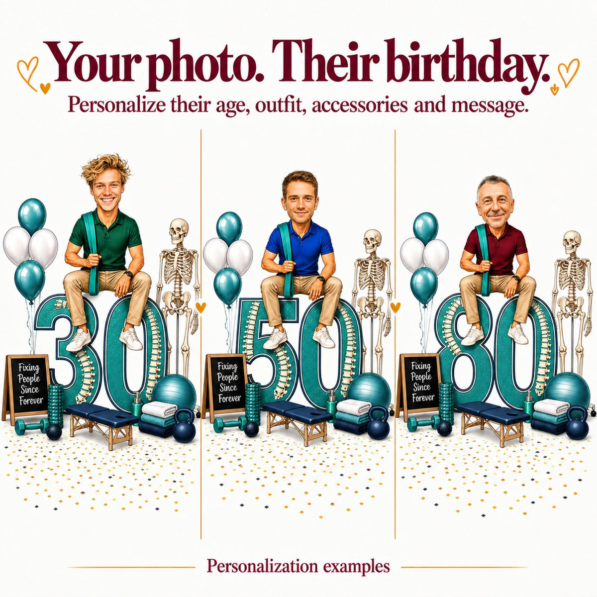Three versions: different faces on the scene, ages 30, 50, and 80.