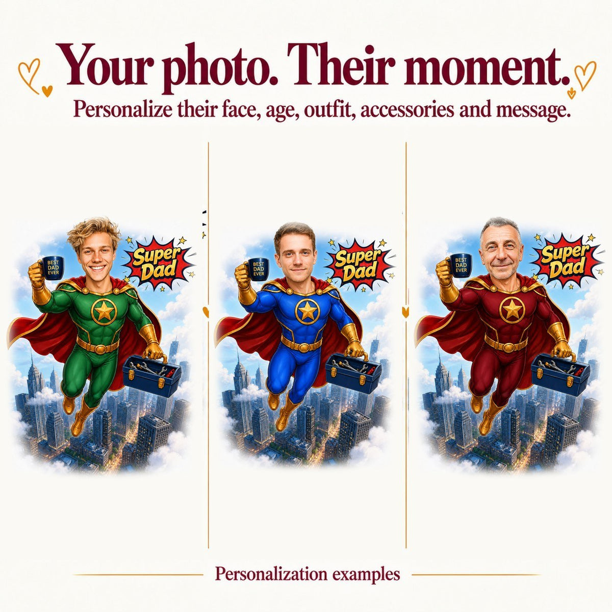 Three Super Dad caricatures with different faces and suit colors in blue, red, green.