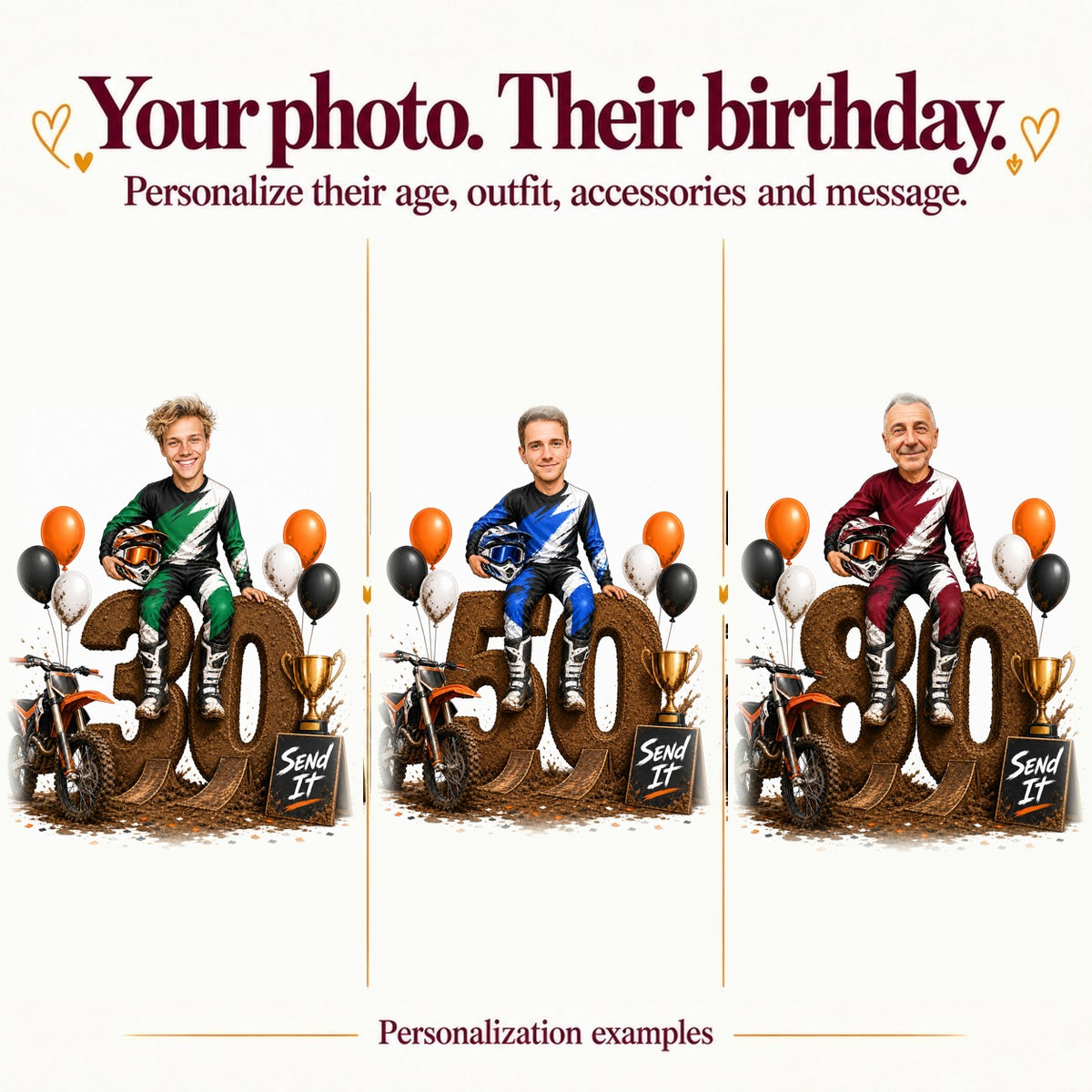 Three personalized motocross caricatures with different faces and ages 30, 50, and 80.
