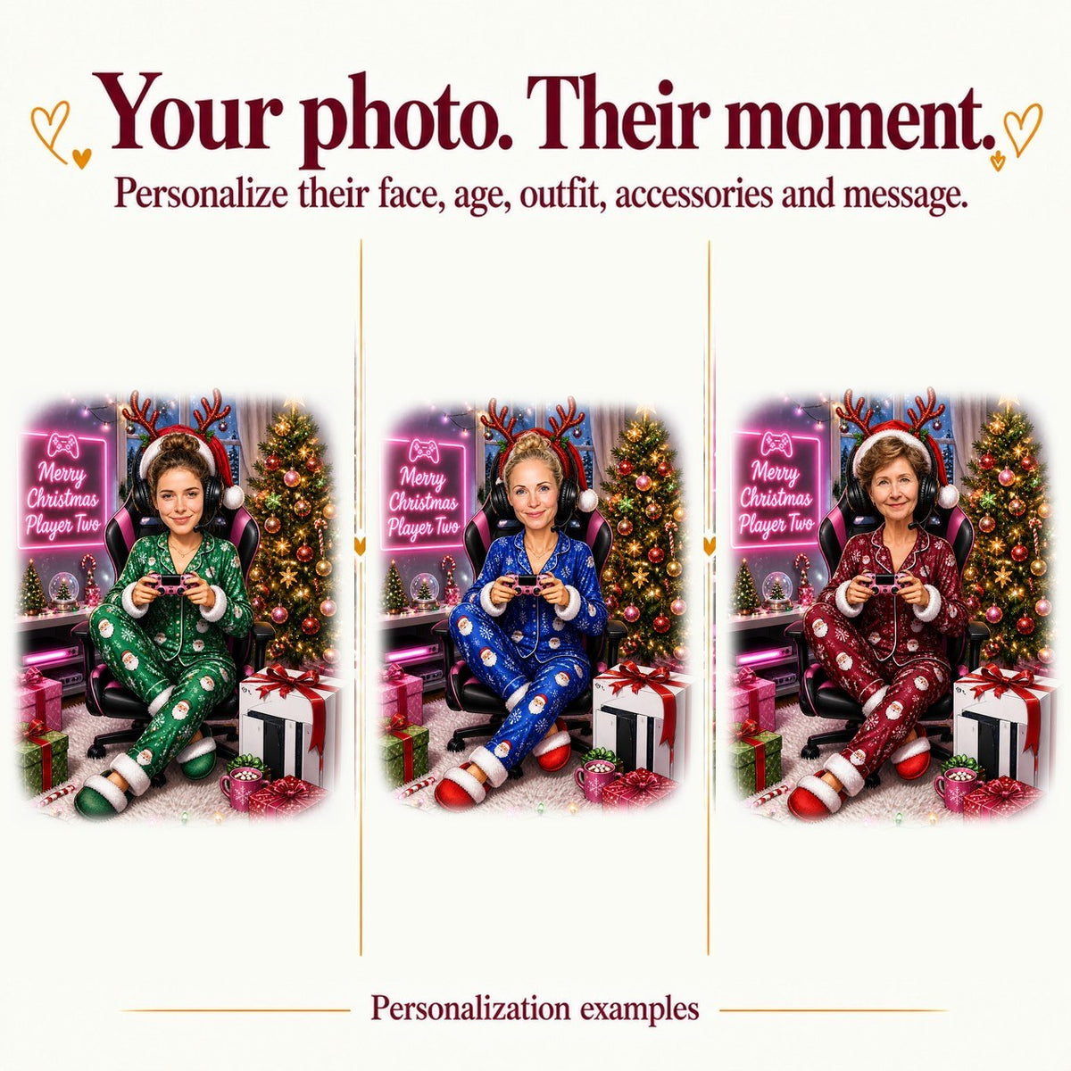 Three personalized gamer portraits with different faces, pajama colors, and varied neon sign texts.