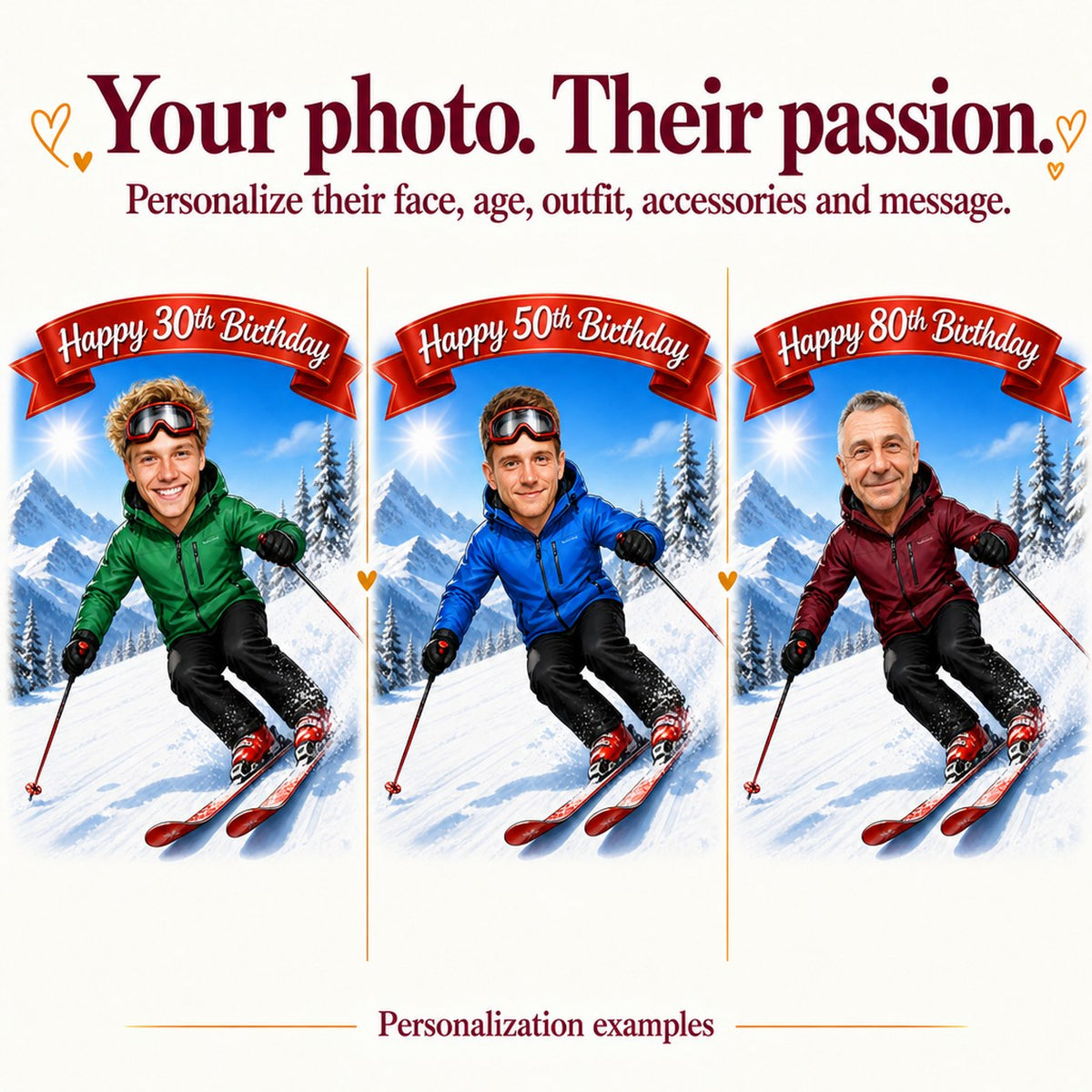 Three personalized ski caricatures with different male faces and ages 30, 50, and 80