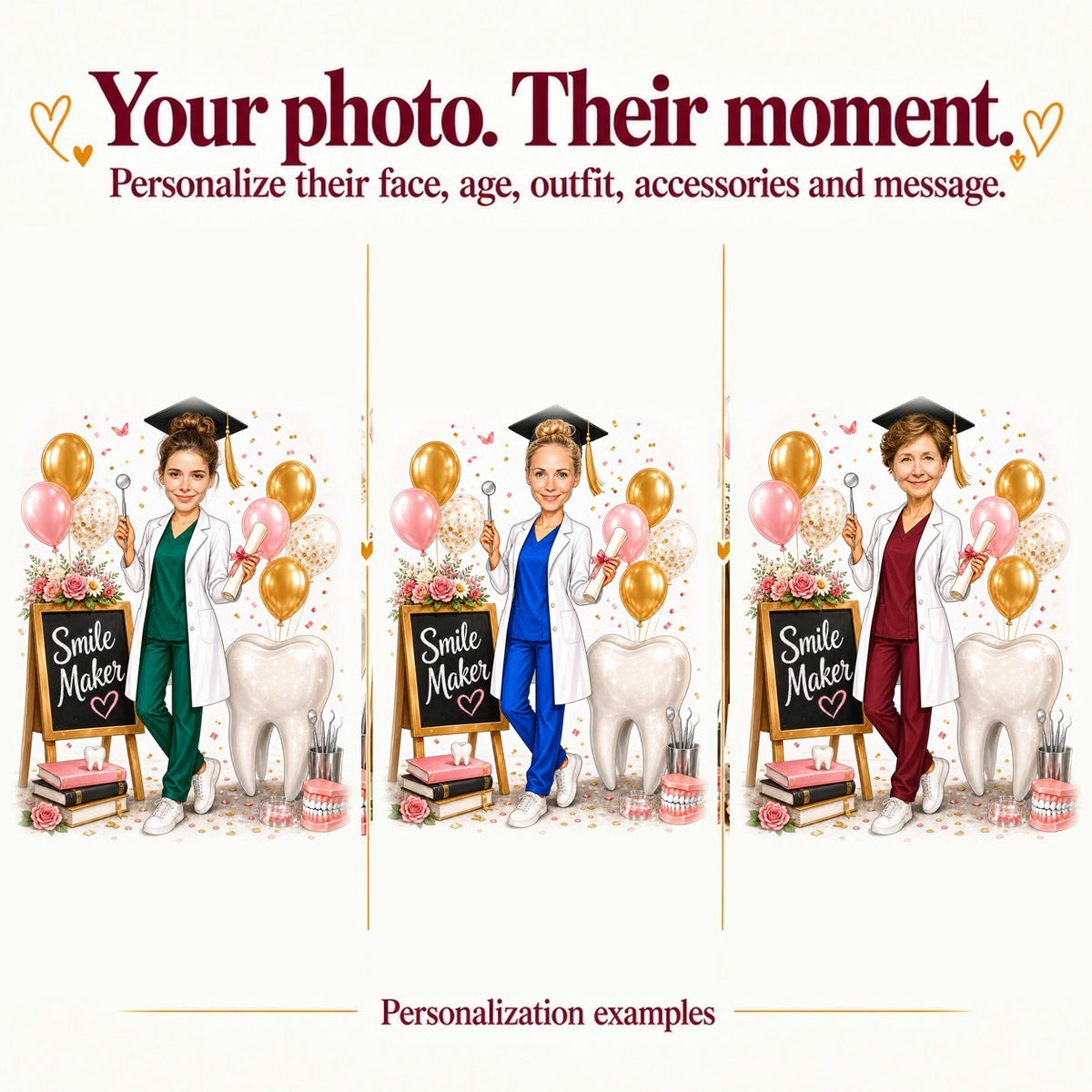 Three dental graduate caricatures with different faces and scrub colors: blue, pink, green.