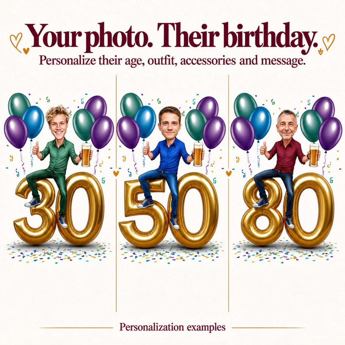 Three versions with different male faces and ages 30, 50, and 80 shown