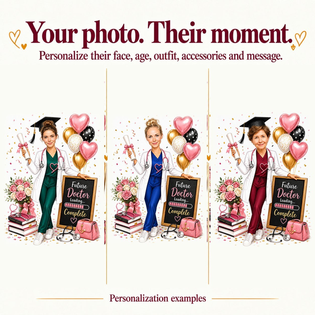 Three personalized future doctor caricatures with different faces and pink or teal accents.