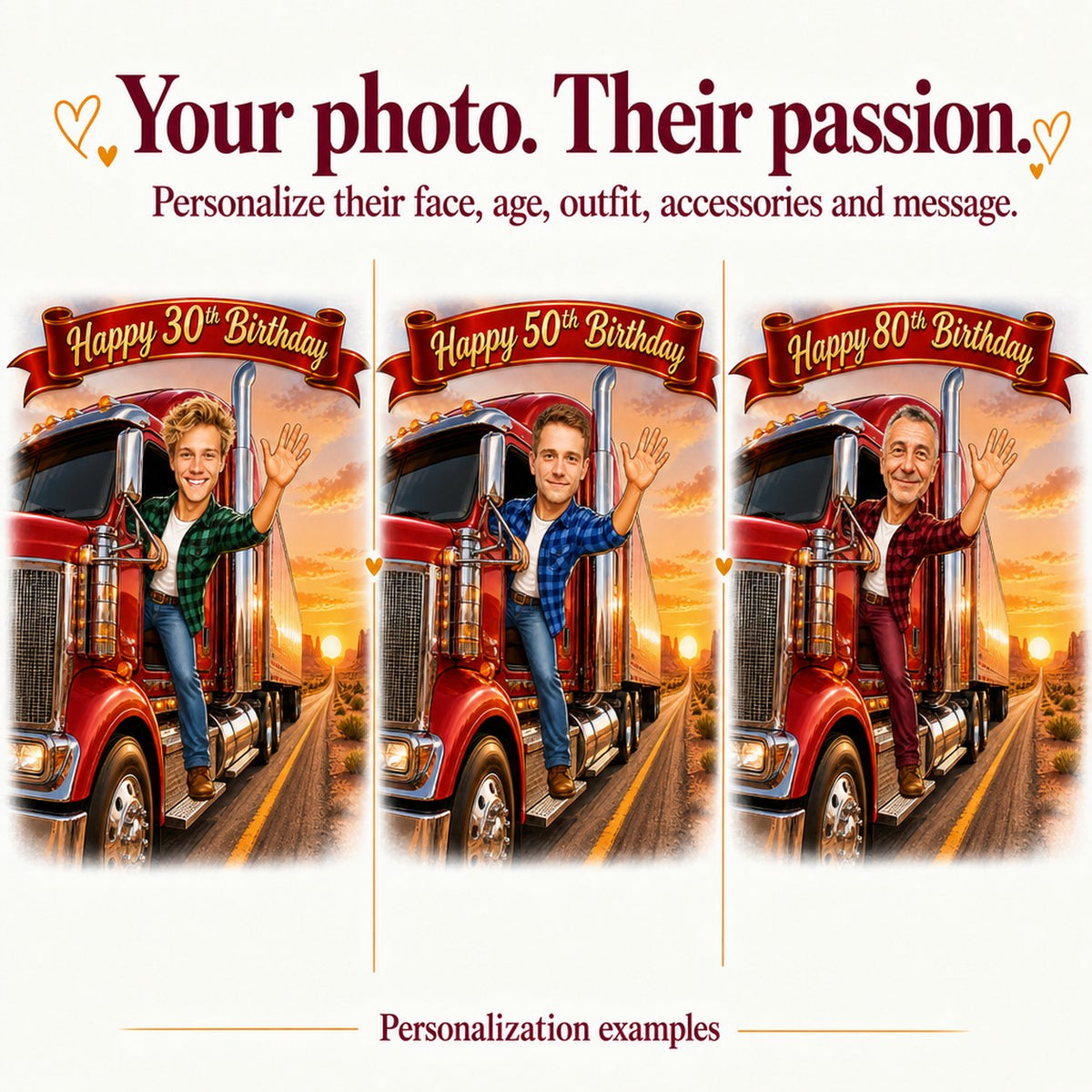 Three personalized truck driver caricatures with ages 30, 50, and 80, different faces.