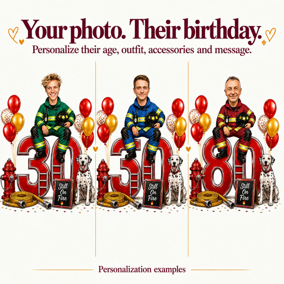 Three firefighter caricatures with different faces and ages 30, 50 and 80