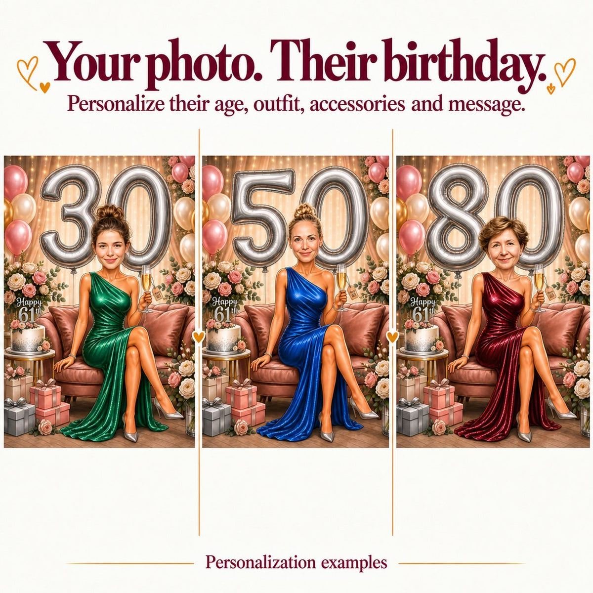Three women with different faces, ages 30, 50, and 80 in pink sofa scene.