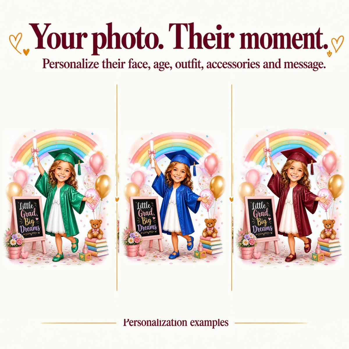 Three kids graduation caricatures with different faces and pink, blue, purple gowns