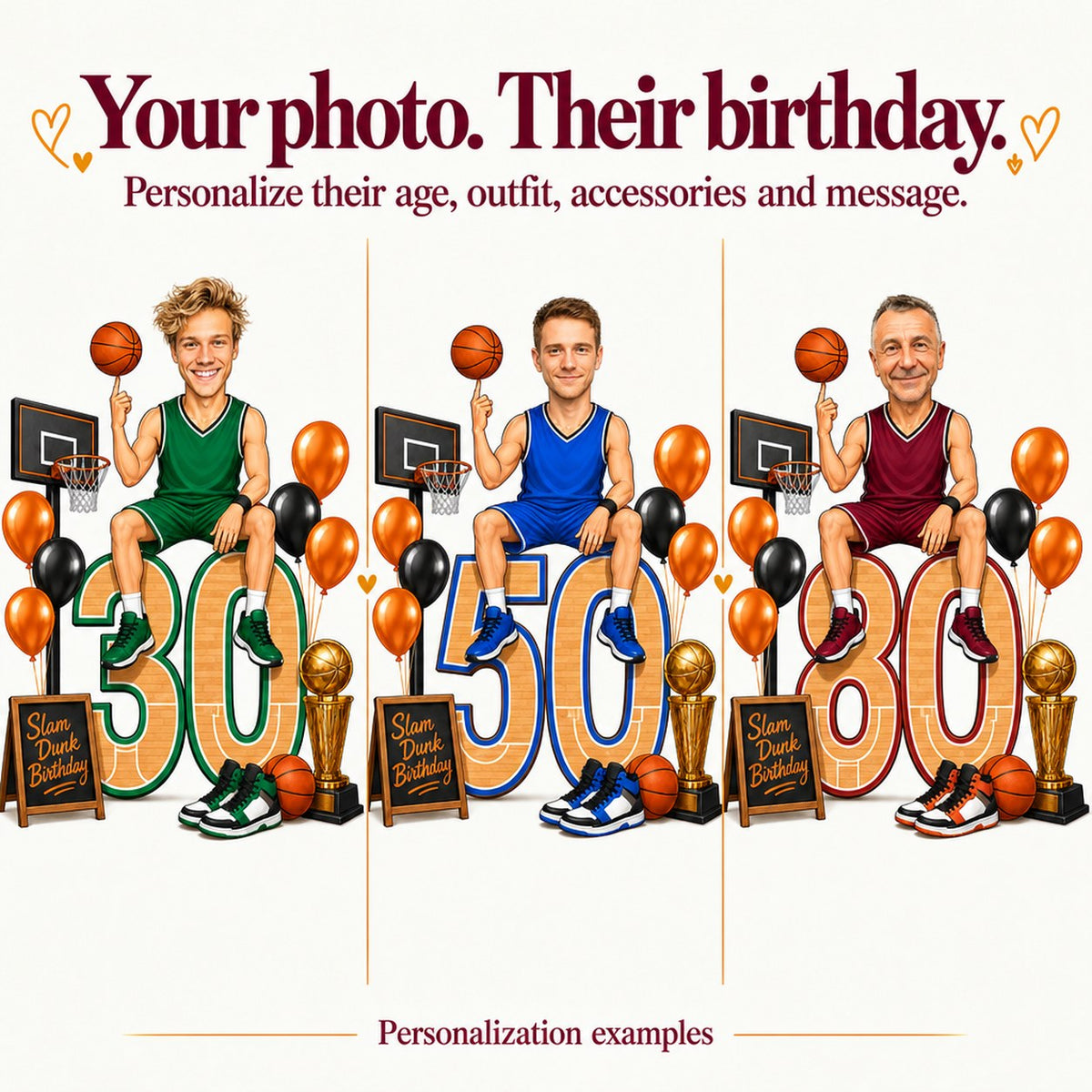 Three personalized versions with different faces and ages 30, 50, and 80.