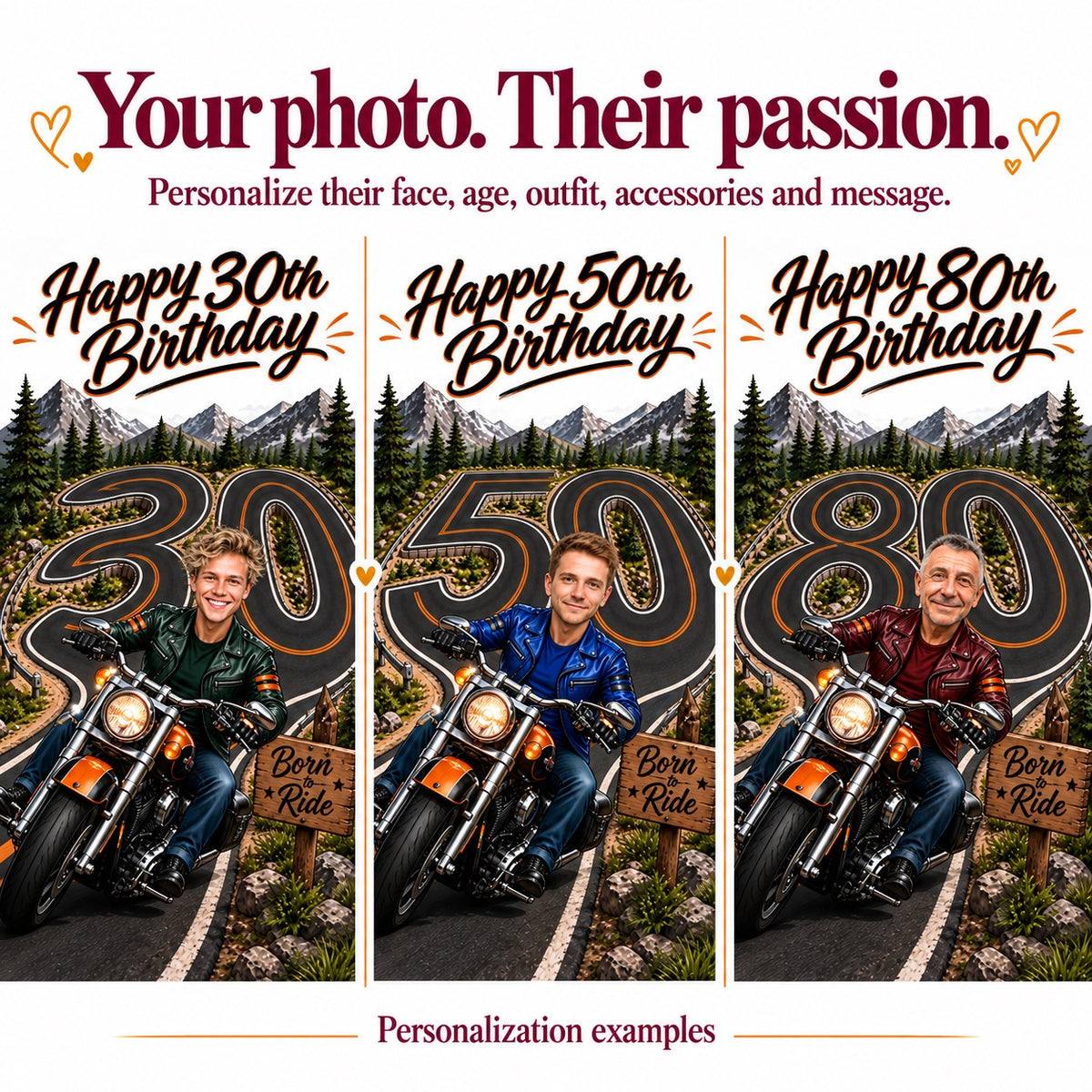 Three personalized biker caricatures with different faces and ages 30, 50, 80.