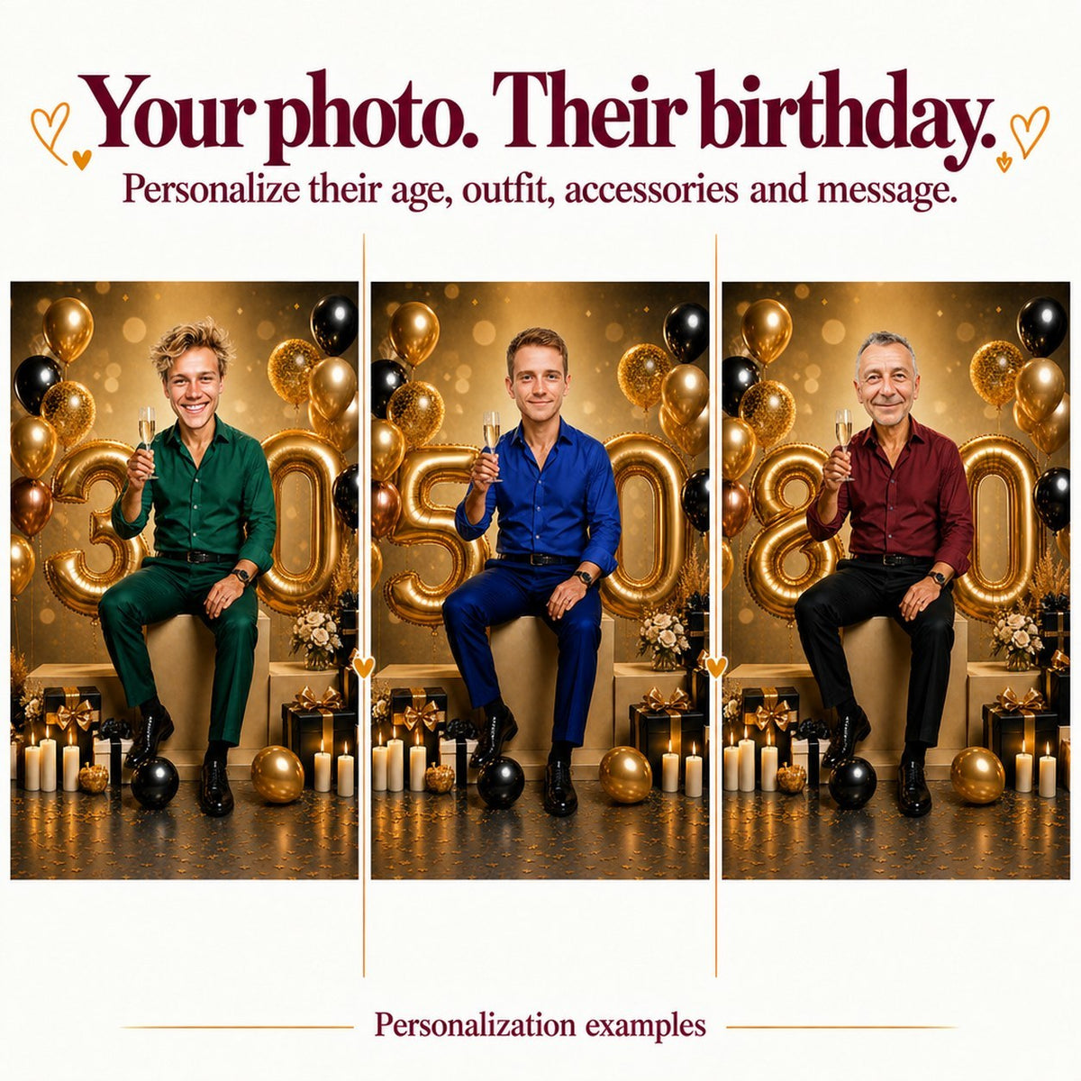 Three personalized versions with different faces and ages 30, 50, and 80.