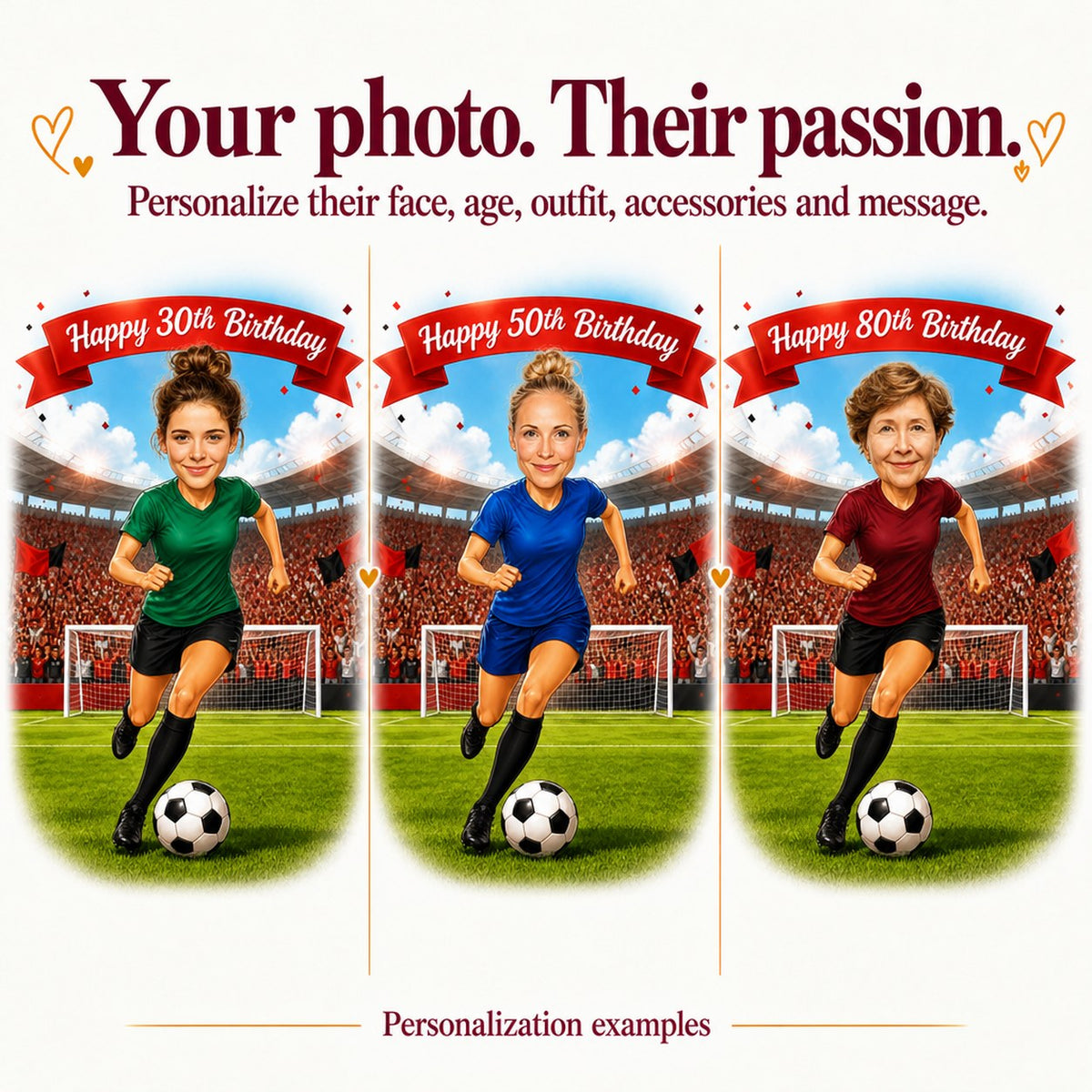 Three soccer caricatures with different women’s faces, ages 30, 50, and 80.