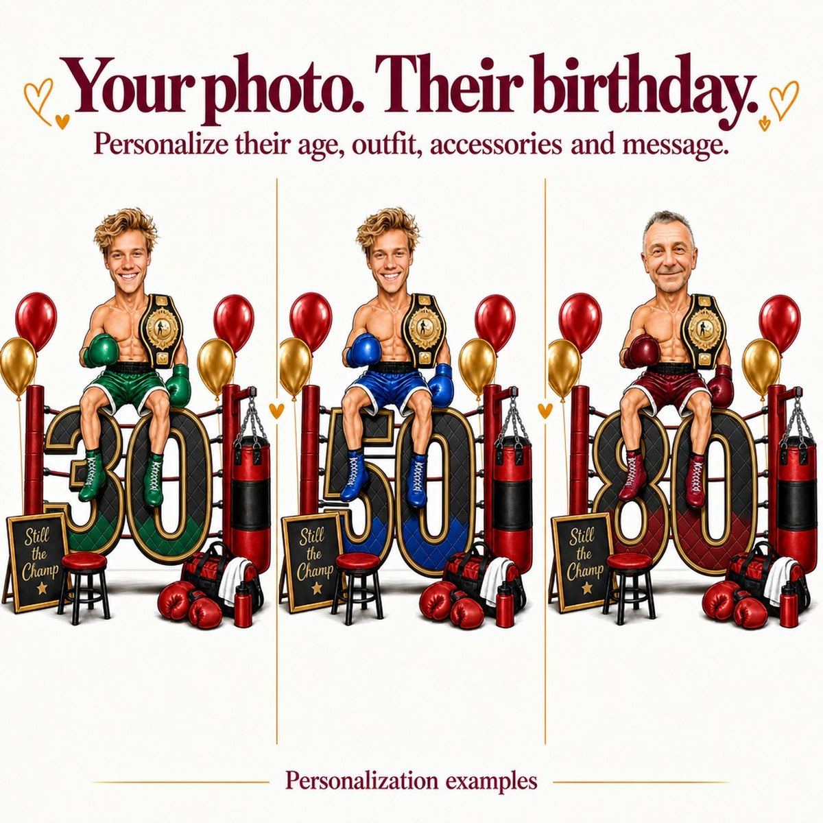 Three personalized boxer caricatures with different faces and ages 30, 50, 80