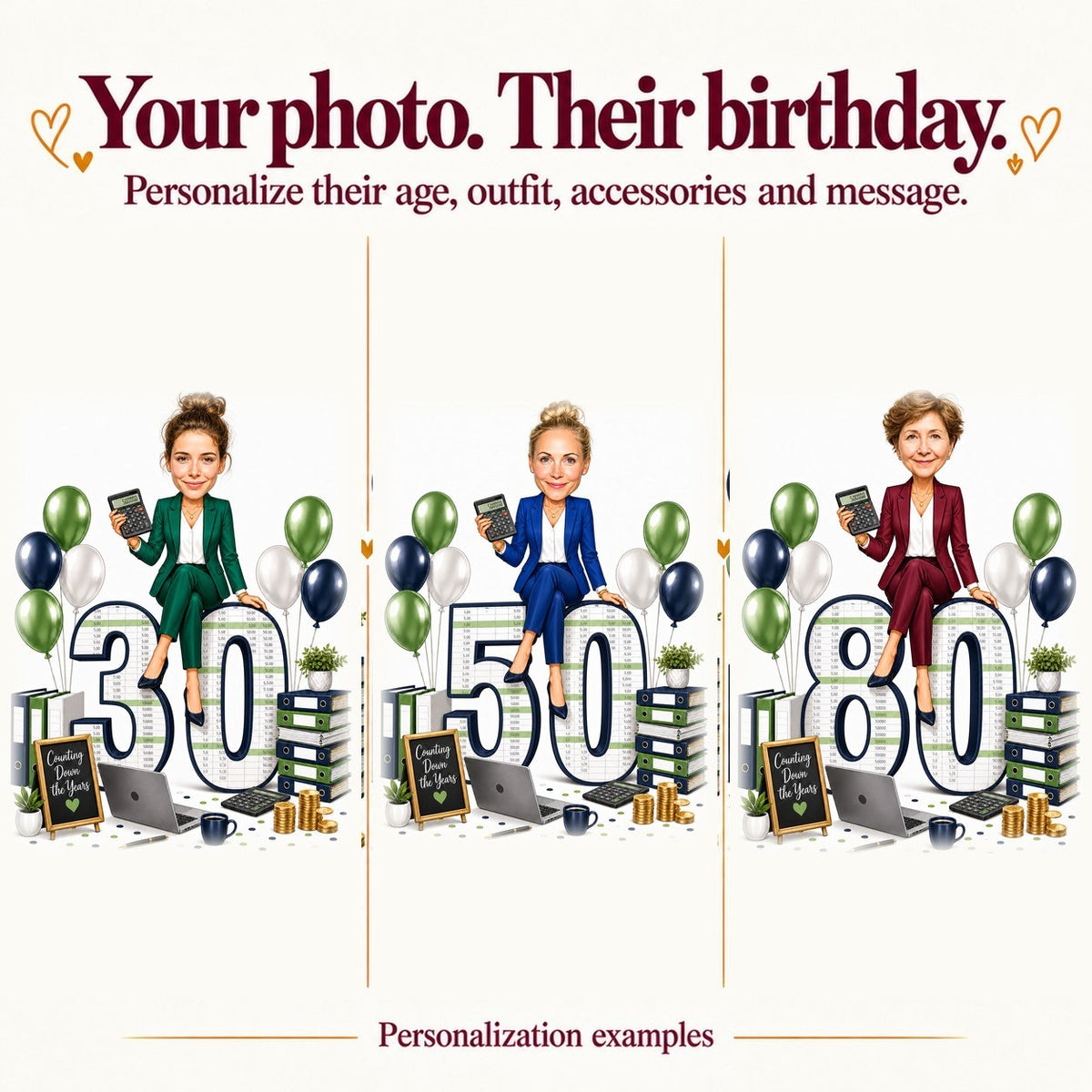 Three personalized accountant caricatures with different women at ages 30, 50, and 80.