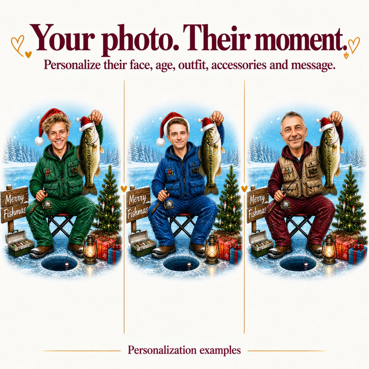 Three personalized fishermen with different faces and jacket colors in the Merry Fishmas scene