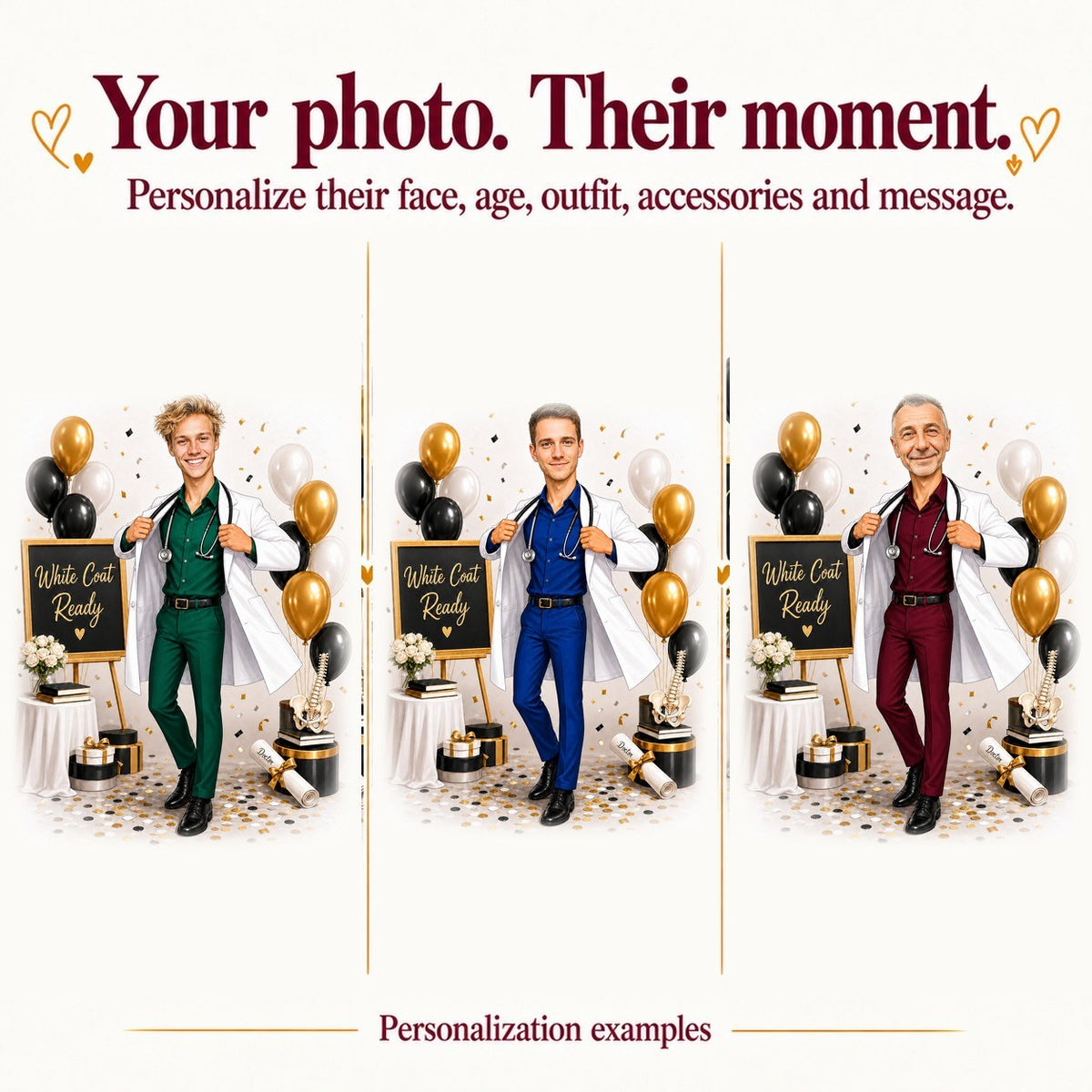 Three personalized doctor portraits with different faces and outfit colors, gold or blue accents.