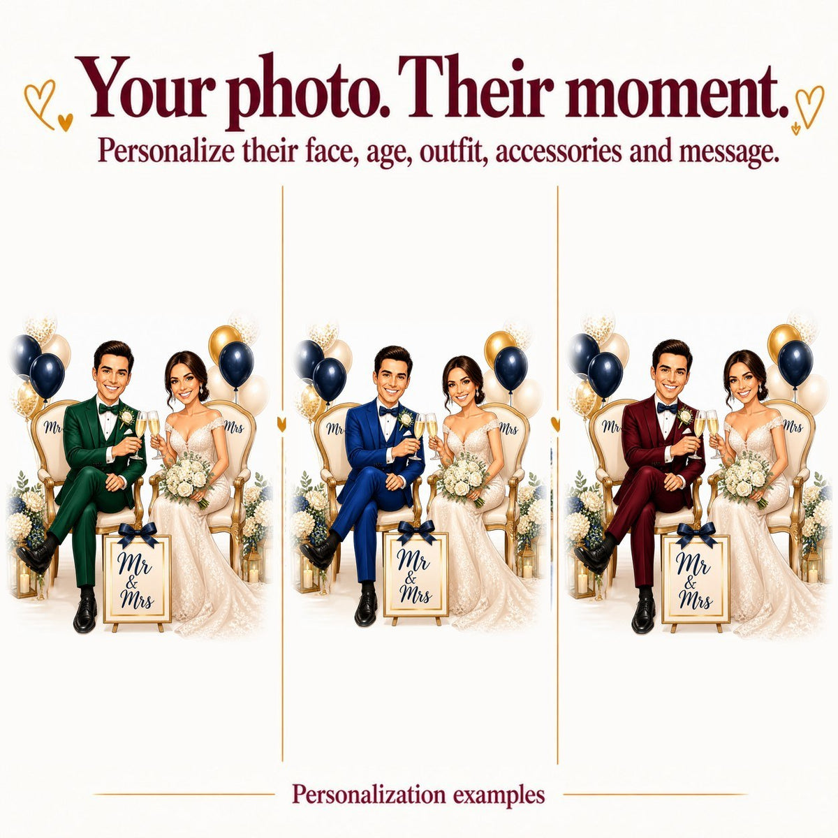 Three Mr & Mrs couples with different faces and suit colors, bride in white