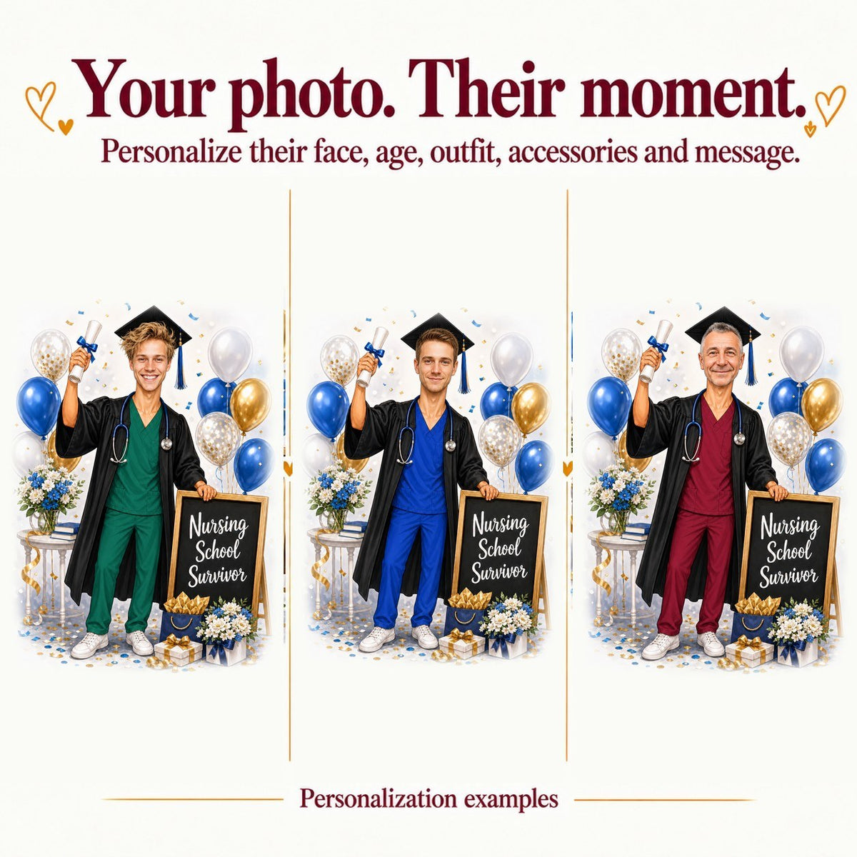 Three personalized male nurse graduates with different faces, scrub colors, and sign text.