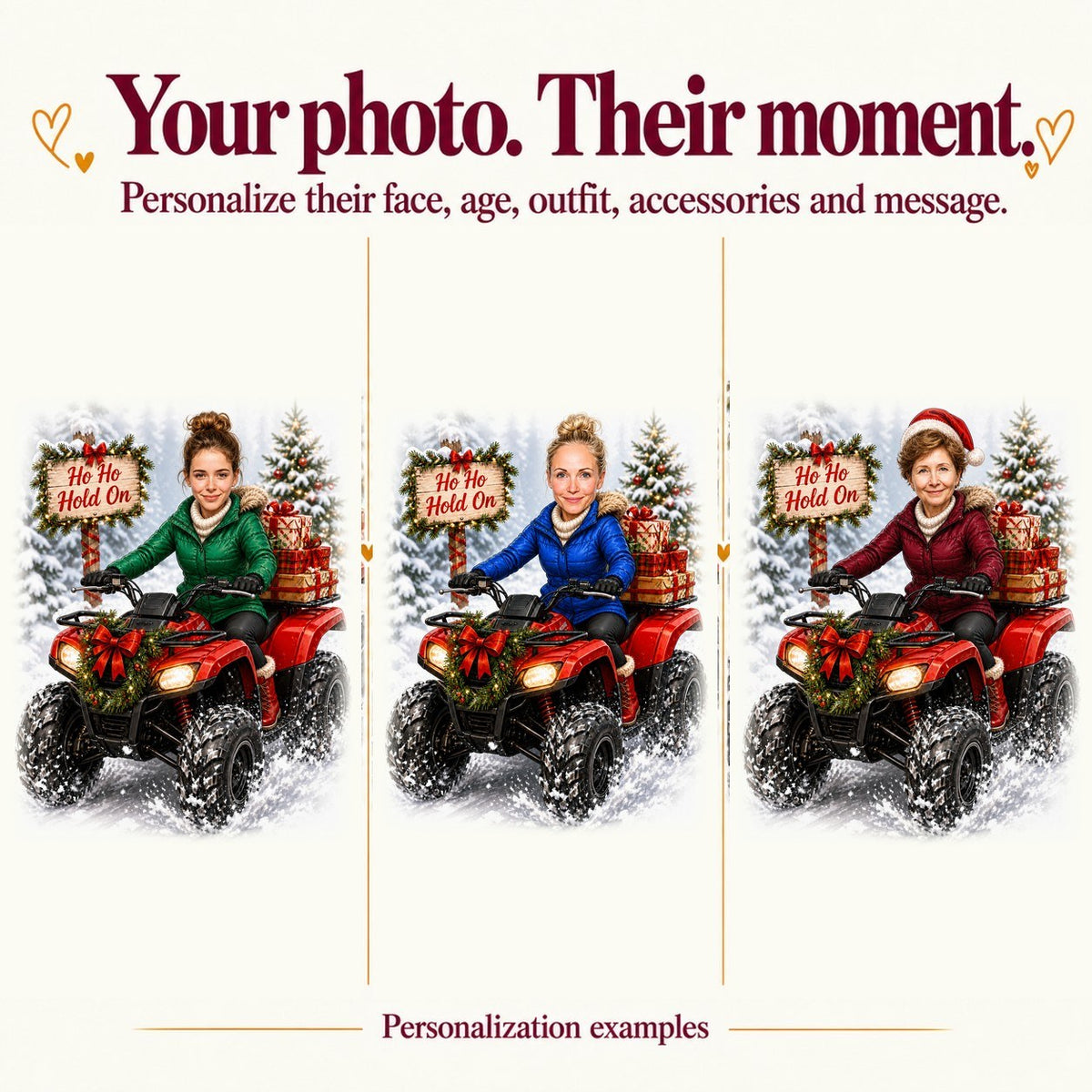 Three personalized quad bike Christmas caricatures with different faces and jacket colors.