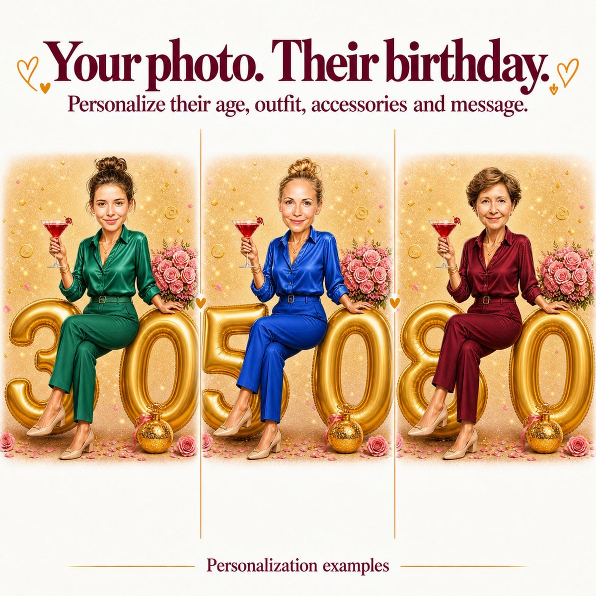 Three personalized versions with different faces and ages 30, 50, and 80 numbers.