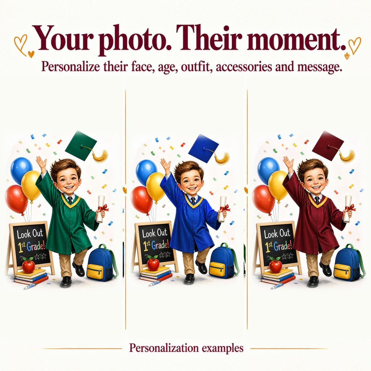 Three kids’ caricatures with different faces, gown colors, skin tones, and backgrounds.
