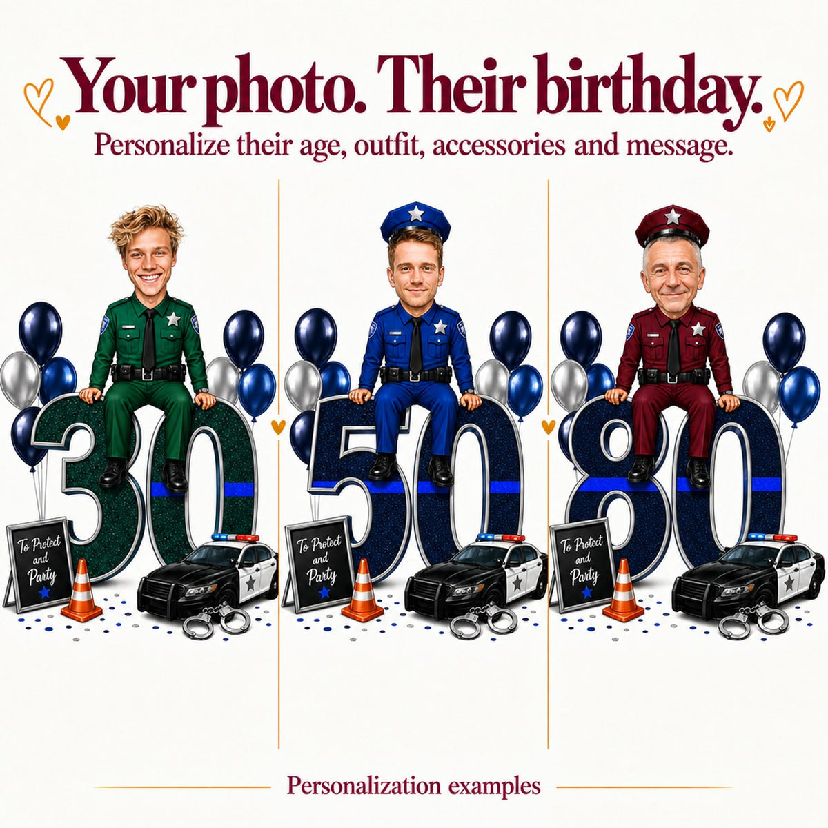 Three police birthday caricatures with different faces sitting on ages 30, 50, and 80.