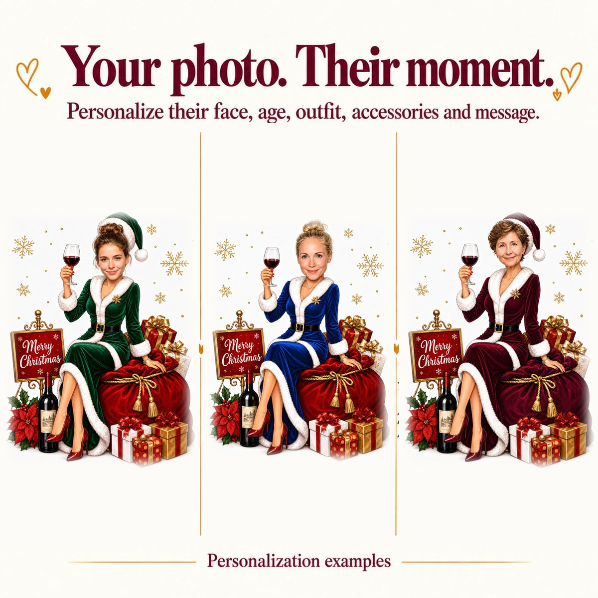 Three personalized Mrs. Claus wine caricatures with different faces and dress colors.