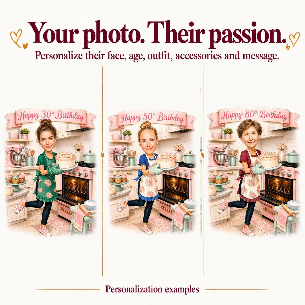 Three personalized baking caricatures with different faces and ages 30, 50, and 80.