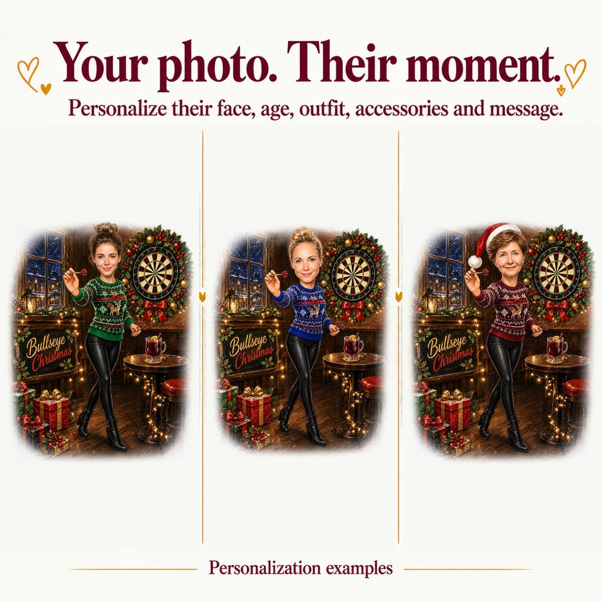 Three personalized darts Christmas portraits with different faces and sweater colors in pub setting.