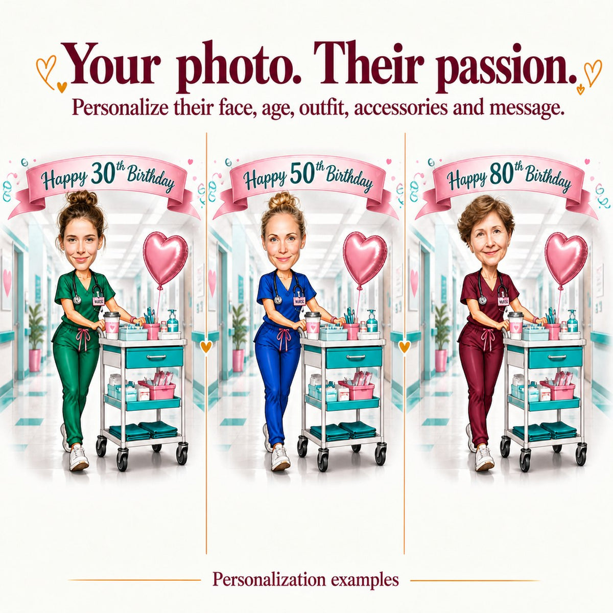Three personalized nurse portraits with different faces and ages 30, 50, 80.