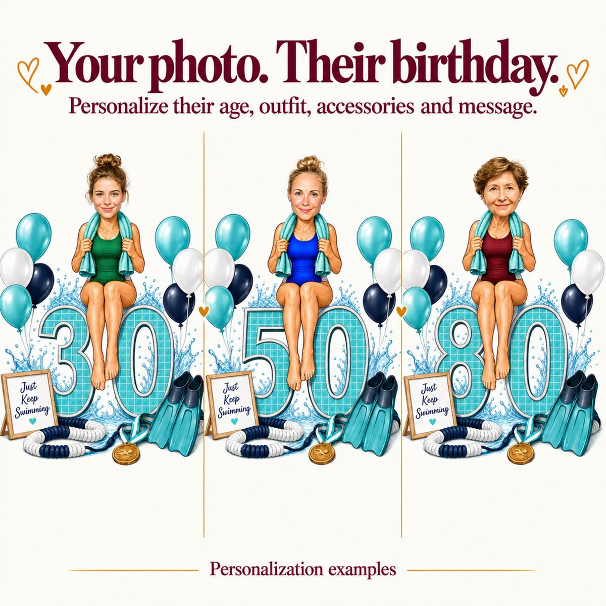 Three swimmer caricatures with different faces and ages 30, 50, and 80 on giant numbers.