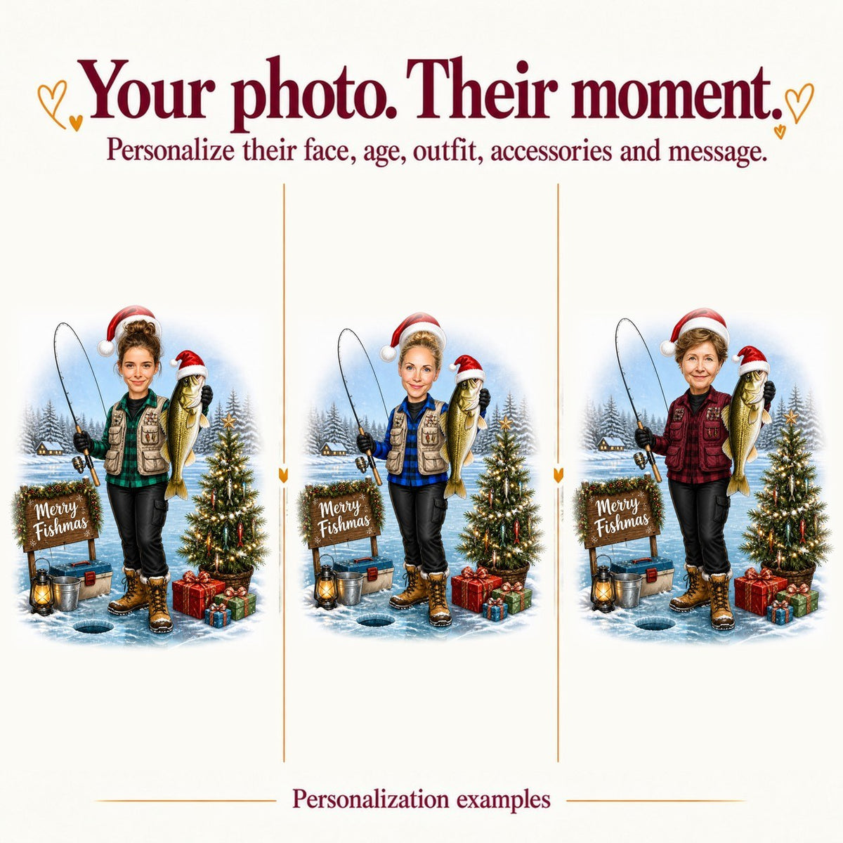 Three personalized examples showing different women's faces, outfit colors, and fishing accessories.