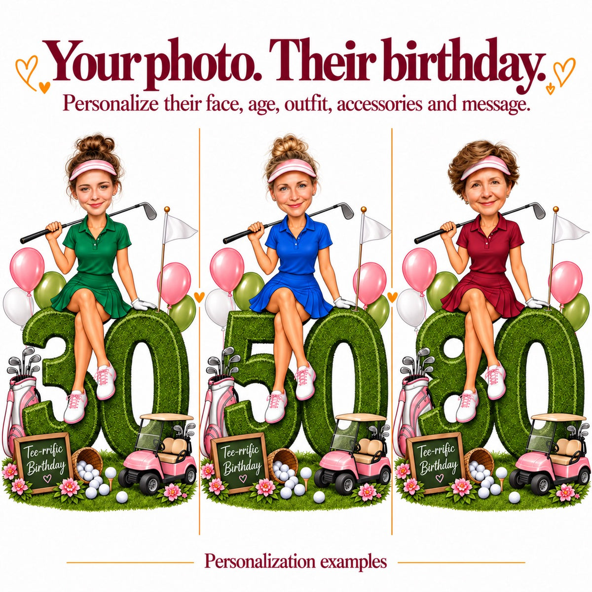 Three personalized golf caricatures with different faces and ages 30, 50, and 80.
