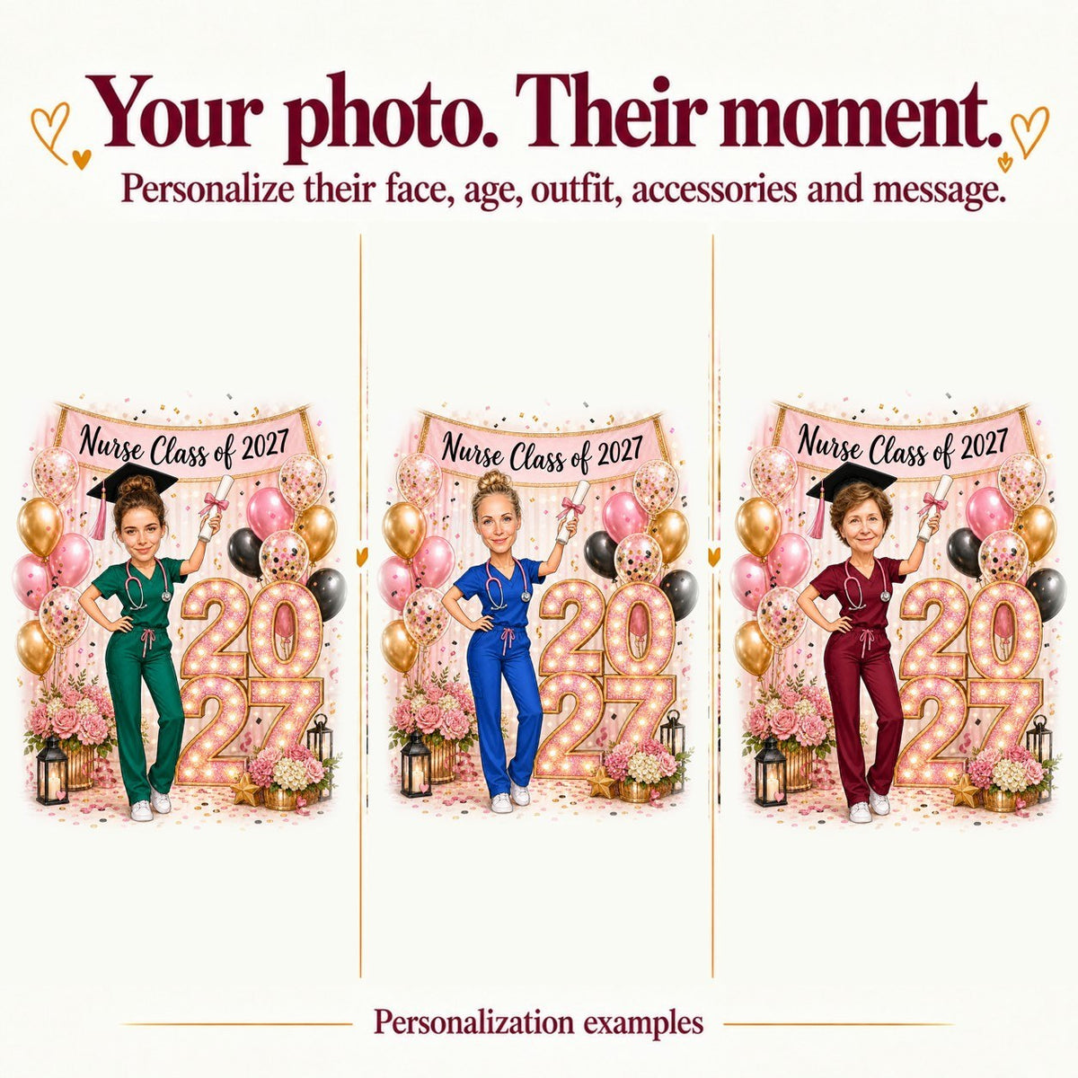 Three nurse graduation caricatures with different faces and scrub colors, each holding a diploma.