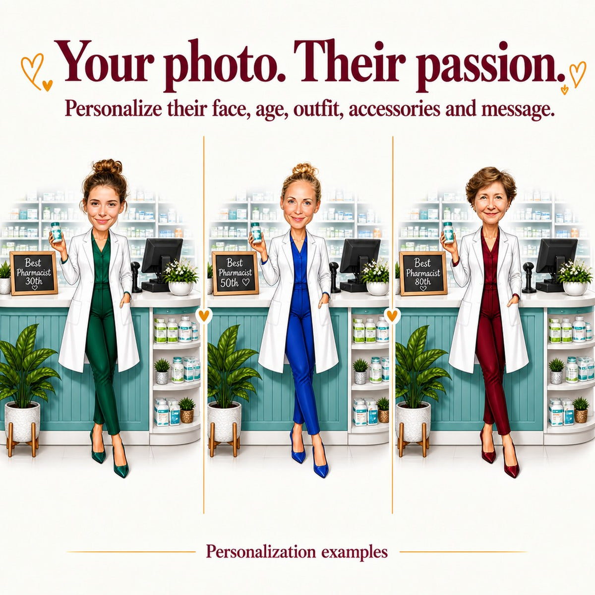 Three pharmacist portraits with different faces, lab coats, and varied blouse colors.
