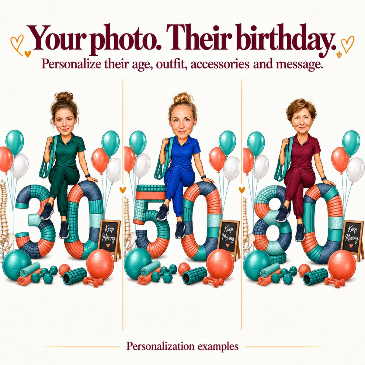Three personalized PT caricatures with different faces and ages 30, 50, and 80.
