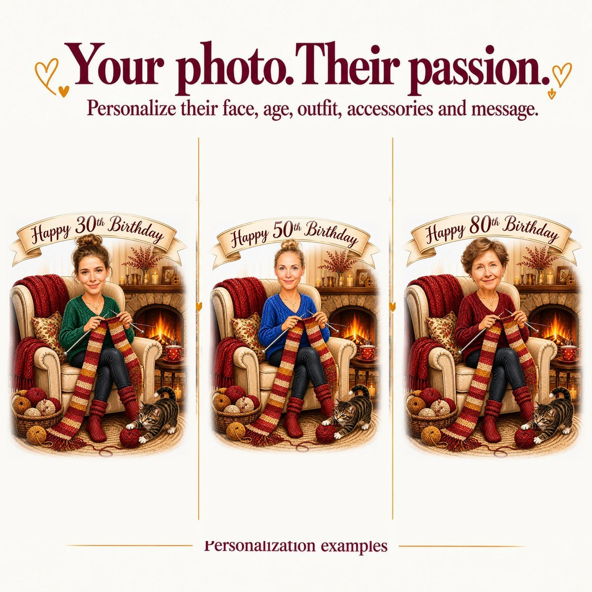 Three examples with different women’s faces and banner ages 30, 50, and 80