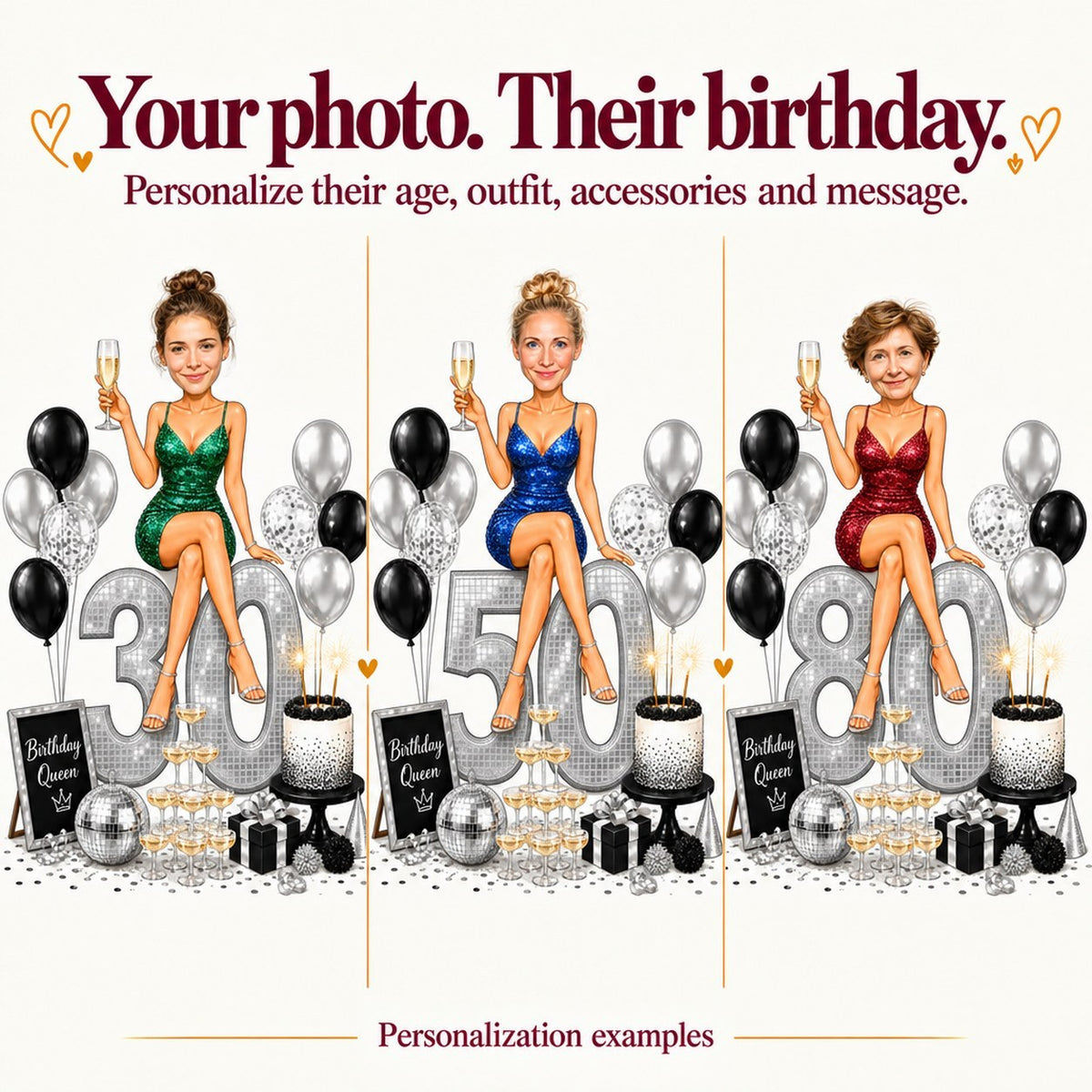 Three versions with different faces and ages 30, 50, and 80.