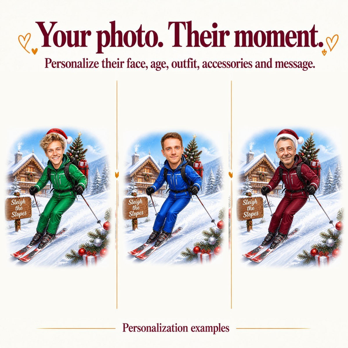 Three personalized ski caricatures with different faces and red, blue, or green outfits.