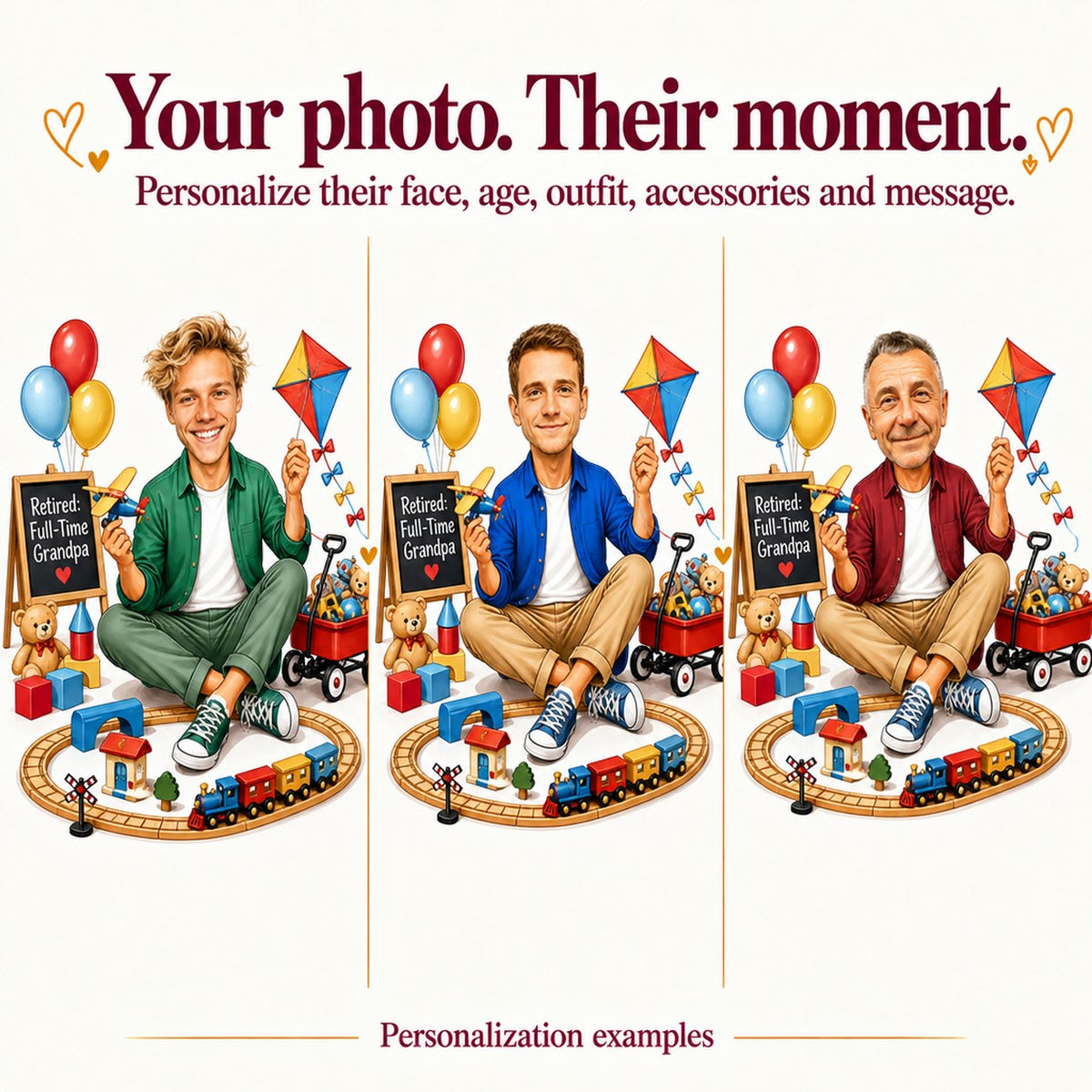 Three custom grandpa caricatures with different faces and outfit colors blue, green, red.