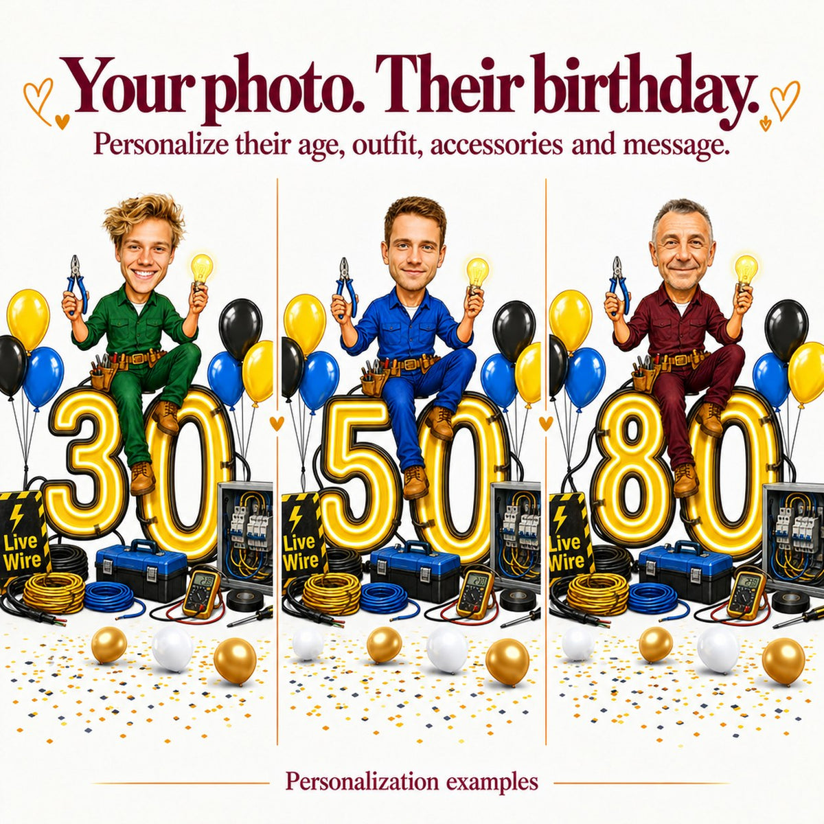 Three personalized electrician caricatures with different faces and ages 30, 50 and 80.